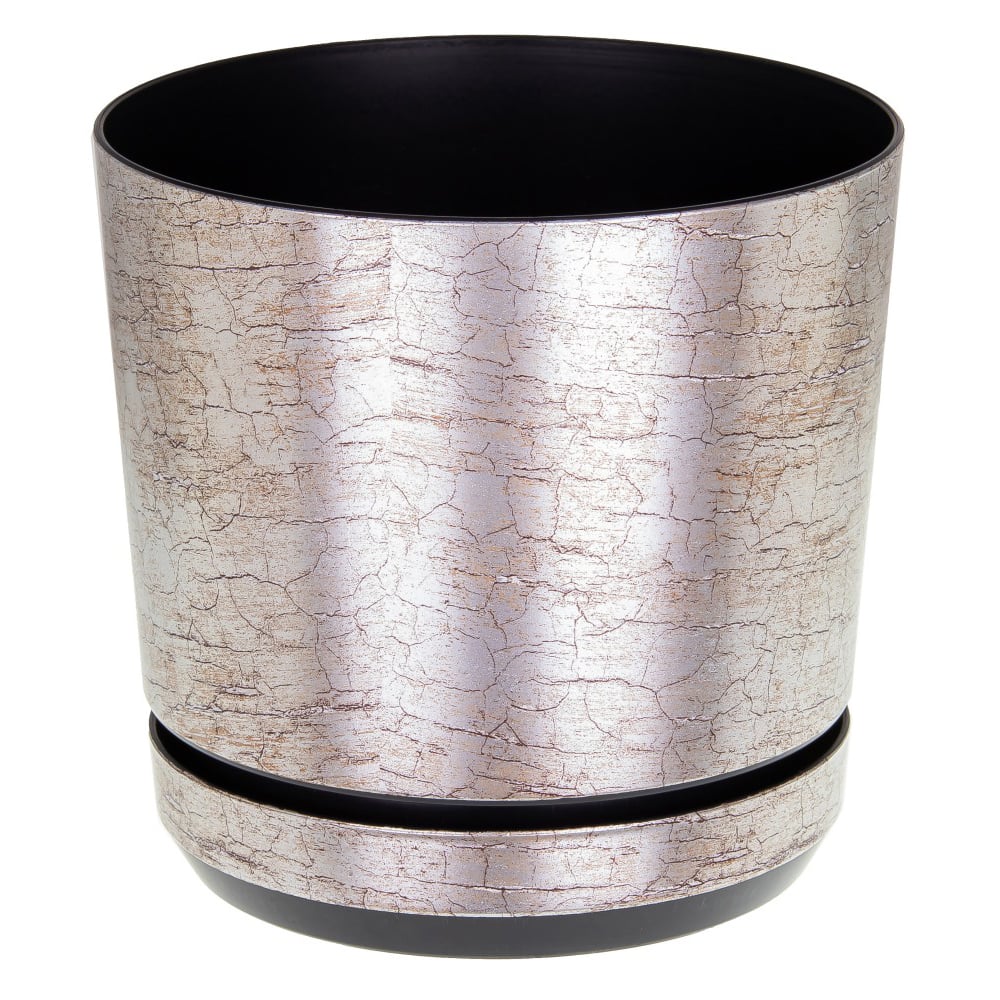 Antique silver plant pot with drainage holes and saucer.