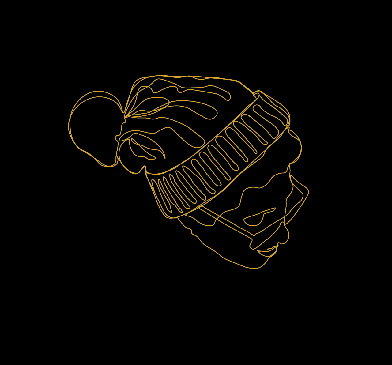 Black background with a gold line drawing of a female with glasses wearing a beanie with Pom-Pom