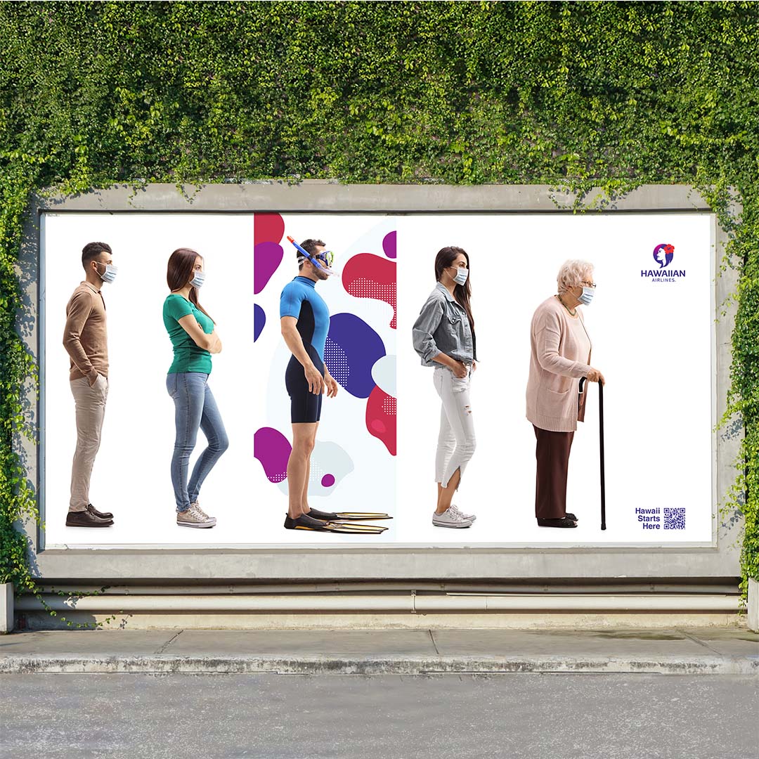 Hawaiian Airlines billboard ad showing 4 people in profile wearing masks. One man in scuba gear and snorkel.
