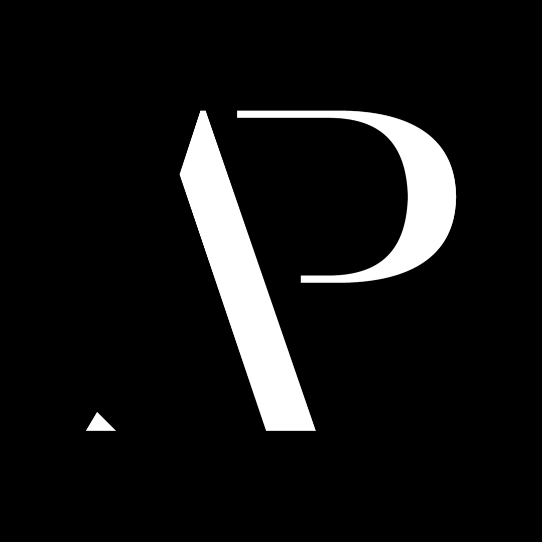A logo of an white AP on a black background. ThE A crosses over the P hiding the stem of the letter while the A is missing the crossbar and diagonal stem.