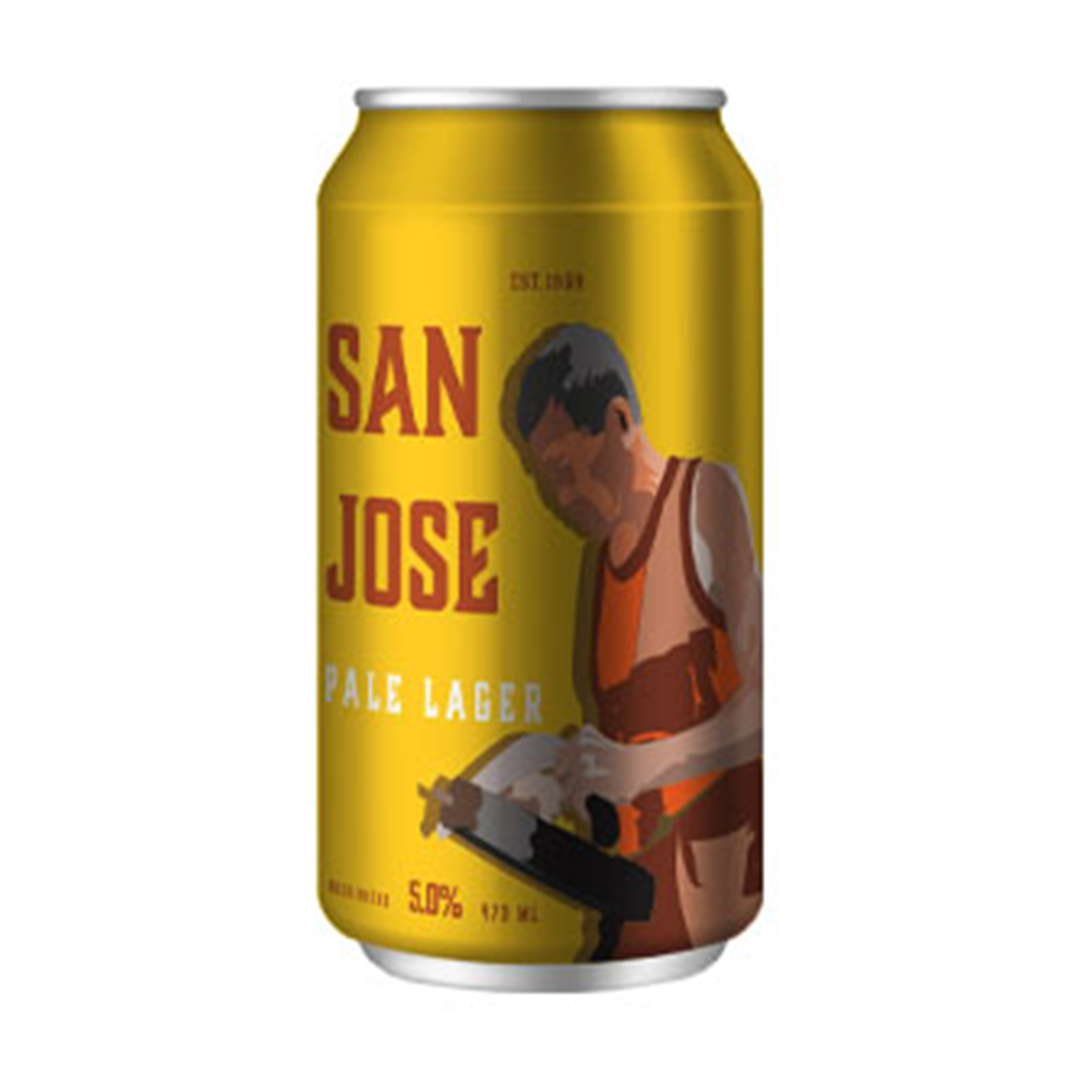 A photo of a beer called San Jose Pale Lager. The yellow metalic can is on a white flat background. The product name is set in red and there is a drawing of a man to the right of the name, he is leaning over and working with a tool.