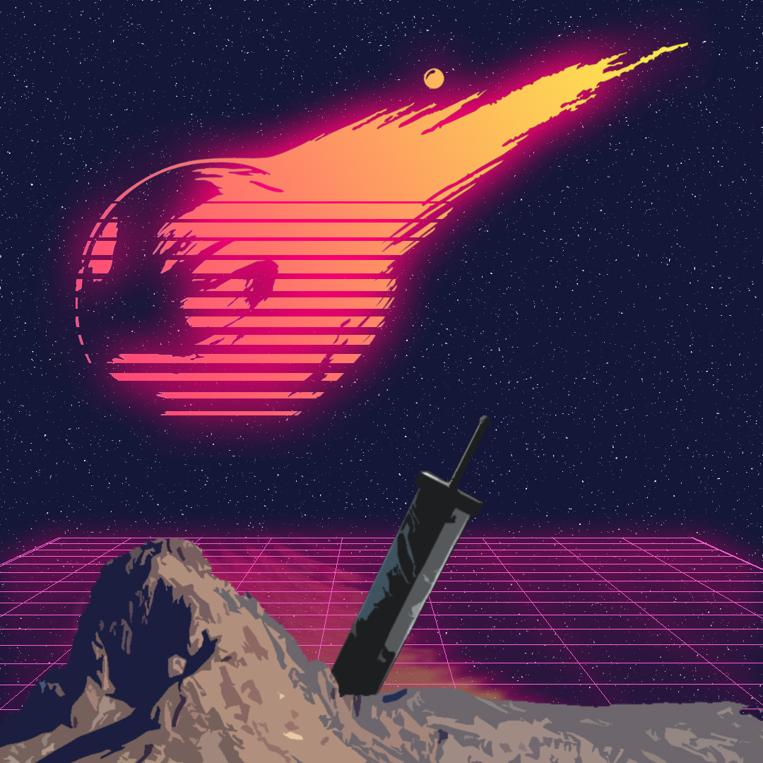 A computer generated illustration of a comet hitting the earth. There is a large sword stuck in the foreground of the picture. Behind it is a purple grid that disappears into a black starry night sky.