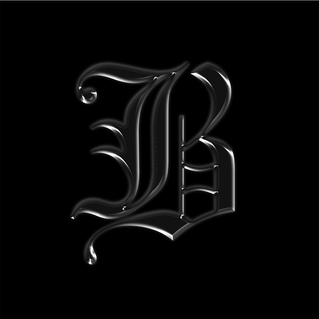 A logo of a metalic blackletter font capital "B."