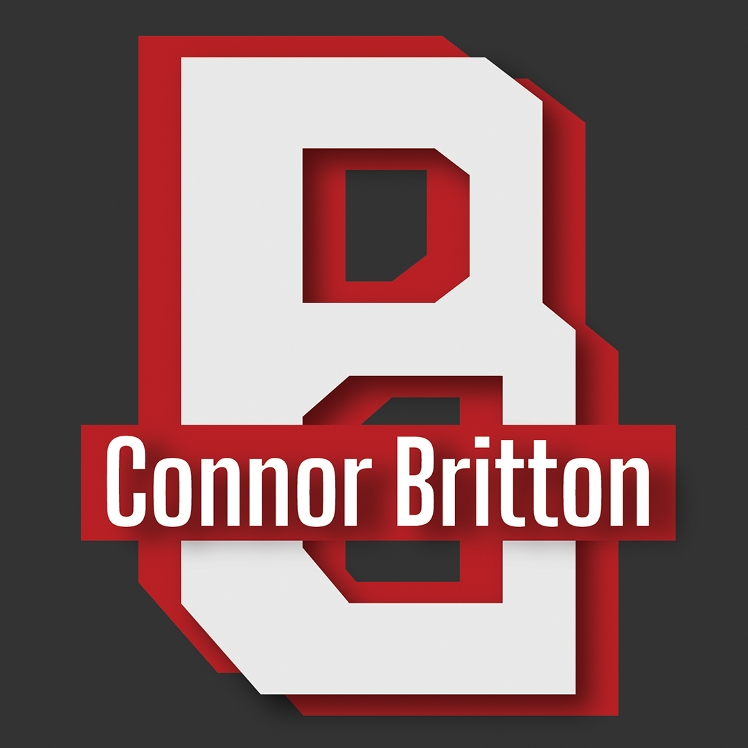 A red and white logo consisting of a white geometric B on a red shadow B. The name "Connor Britton" reads across the middle in white letters.