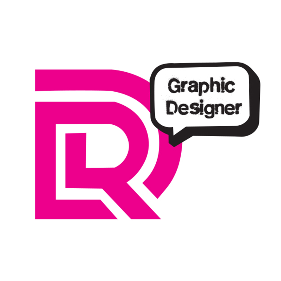 A fuschia pink D and R logo. The R is smaller and sits inside the negative space of the D. A bubble quote in black in the upper right corner reads Graphic Designer.