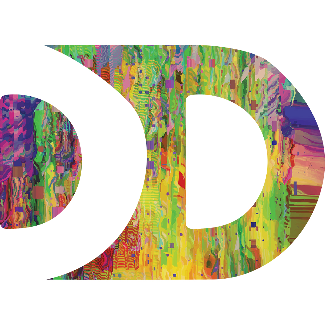 A logo with two Capital Ds filled with a watercolour pattern of blues, pinks, greens and yellows.