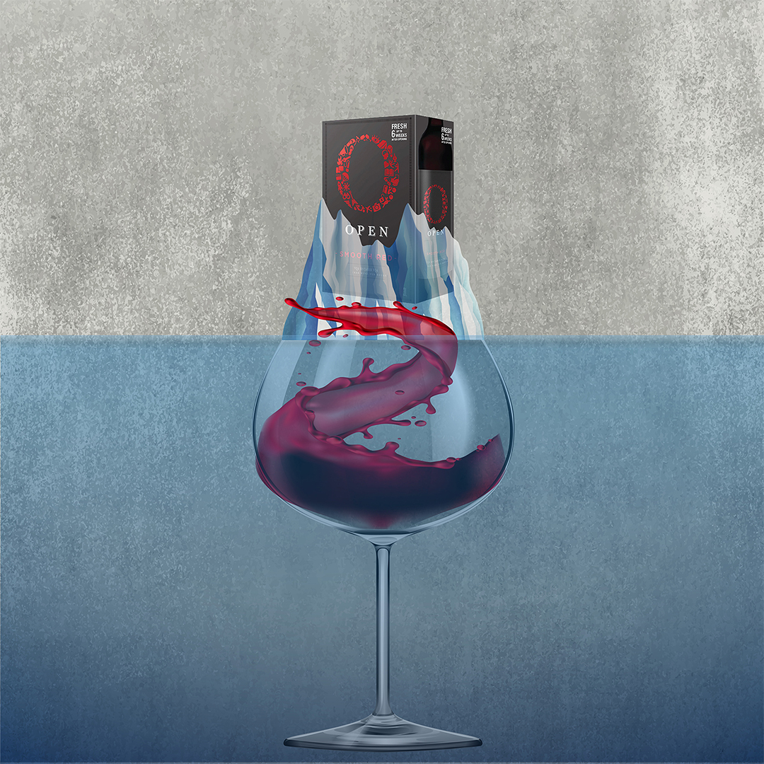 A vector illustration of a wine glass on a blue background. The glass is filled with red wine and in the glass is the black wine box. The brand is "O" "Open".