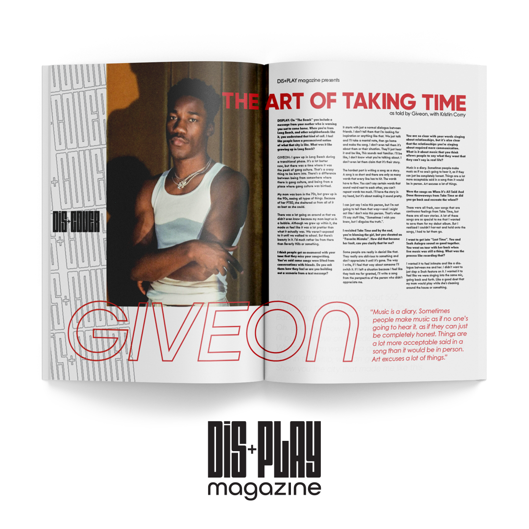 A magazine spread with a full page picture of an African American man on the left page. He is wearing a white shirt and his arms are crossed. The article is titled "The art of making time." The article runs in three colunms with the artist's name "Giveon" in large red letters across the spread,