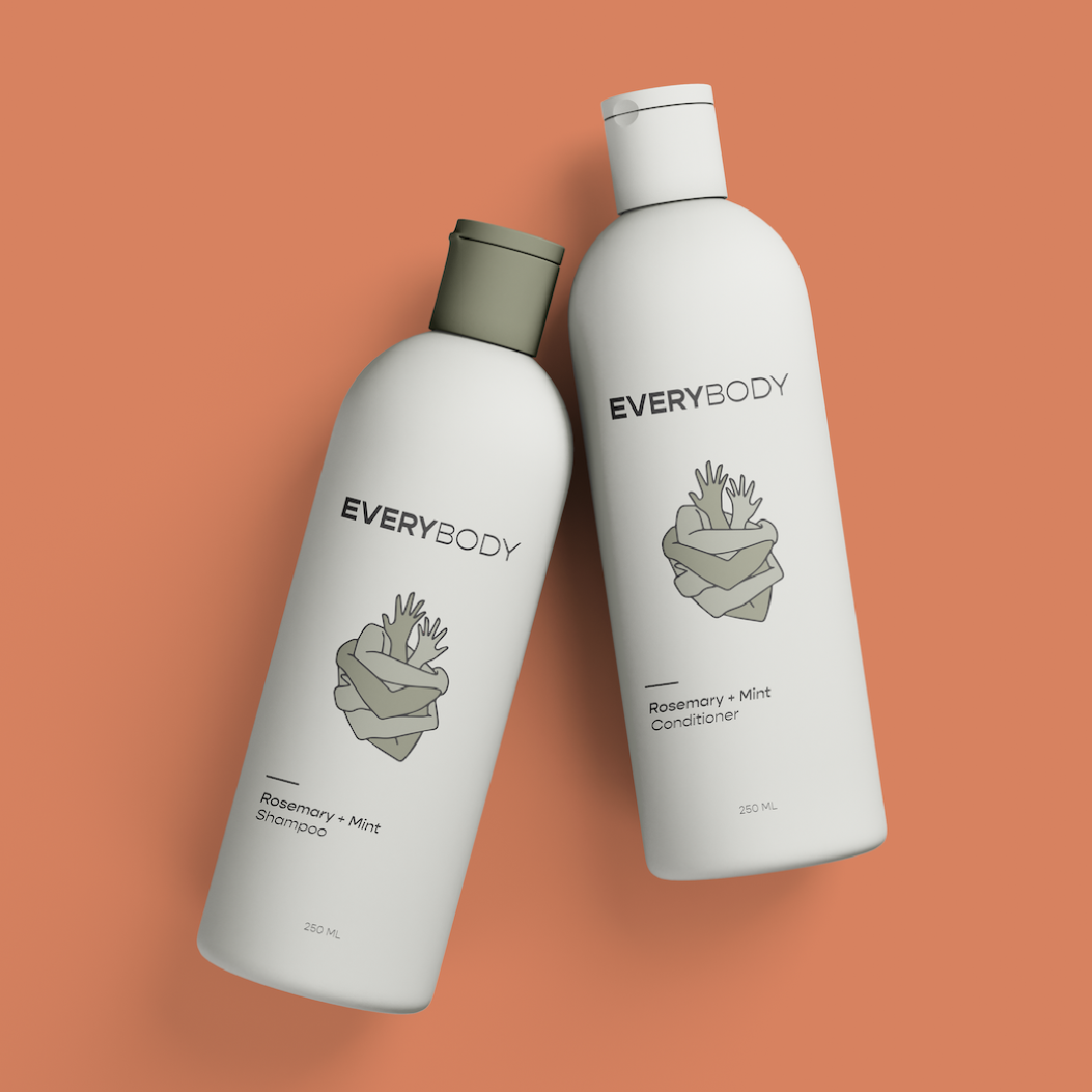 A photo of a shampoo and conditioner bottle with type that reads "Everybody" "Rosmary+Mint." The logo shows arms of varying shades of grey green hugging.