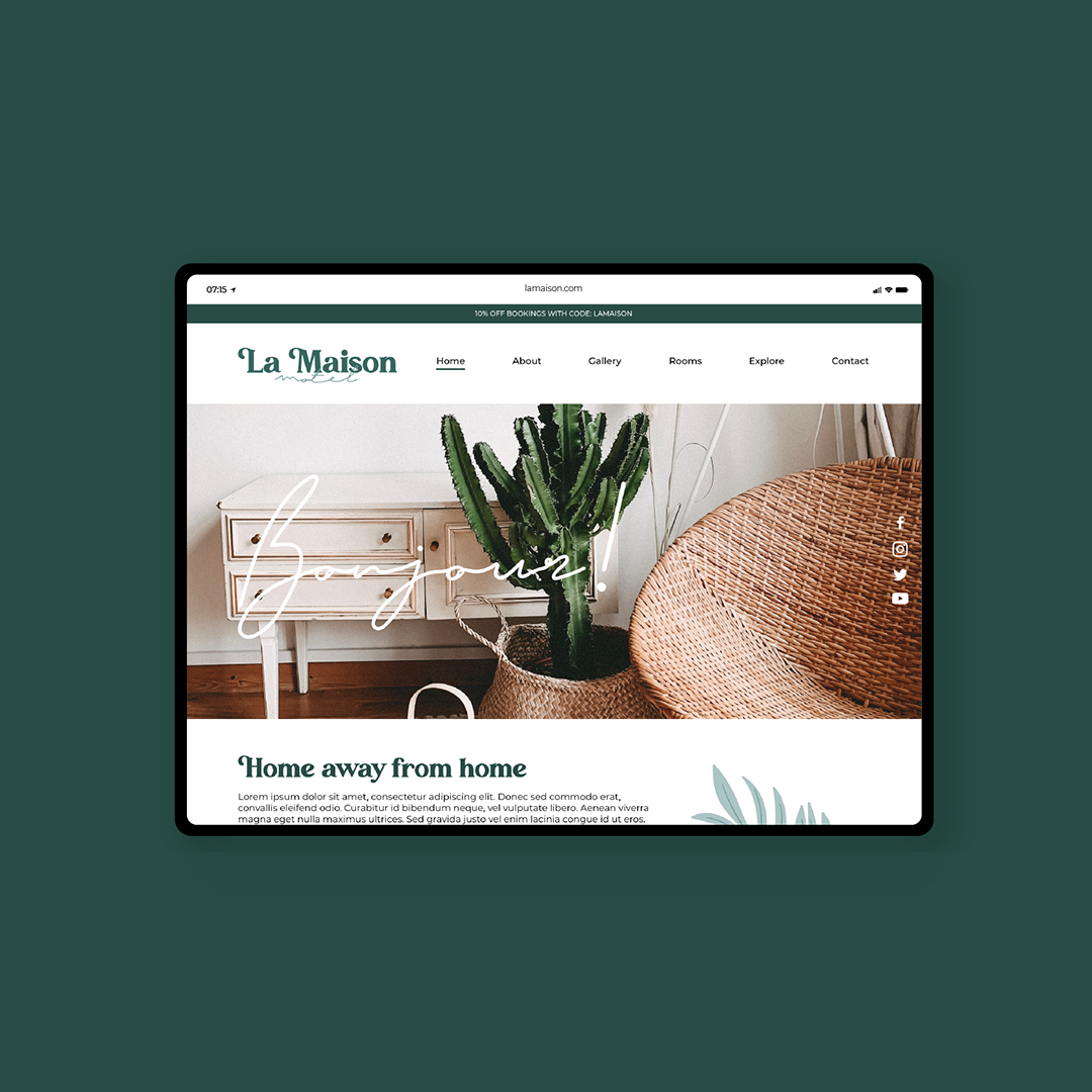 A photo of a website home page on a green background. The name is La Masion and the menu at top reads "home" "about" "gallery" "rooms" "explore" "content" The type is all dark green and there an image underneath of a room showing a cactus, a wicker chair and a white dresser. Over the image is the text in script "bonjour"