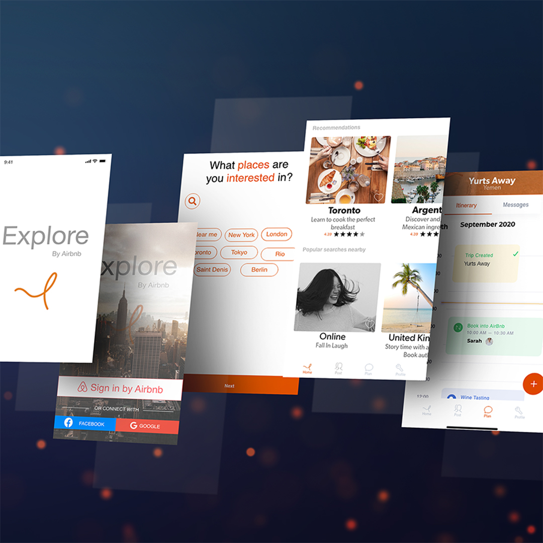 A photo of a print campaign for Airbnb with several images of social media posts. The prominent text in burnt orange and black reads "What places are you interested in." The reader than clicks on a city from a list, which then takes you to the next screen detailing the city with photos and ratings.