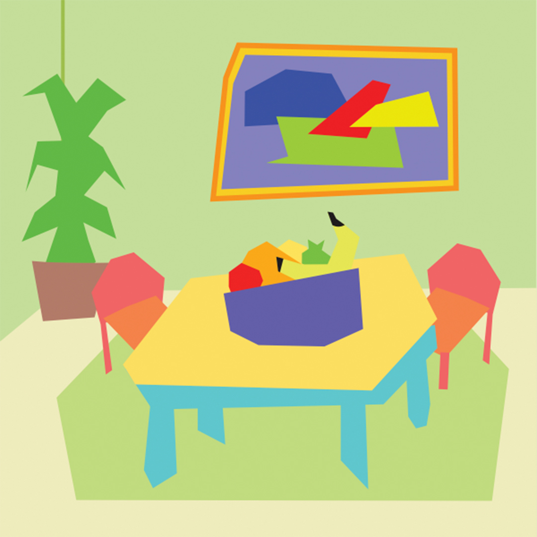 A colourful square line art illustration of a room with a table and two chairs, a painting on the wall and a plant in the corner. All vivid colours of green, red, purple and yellow.