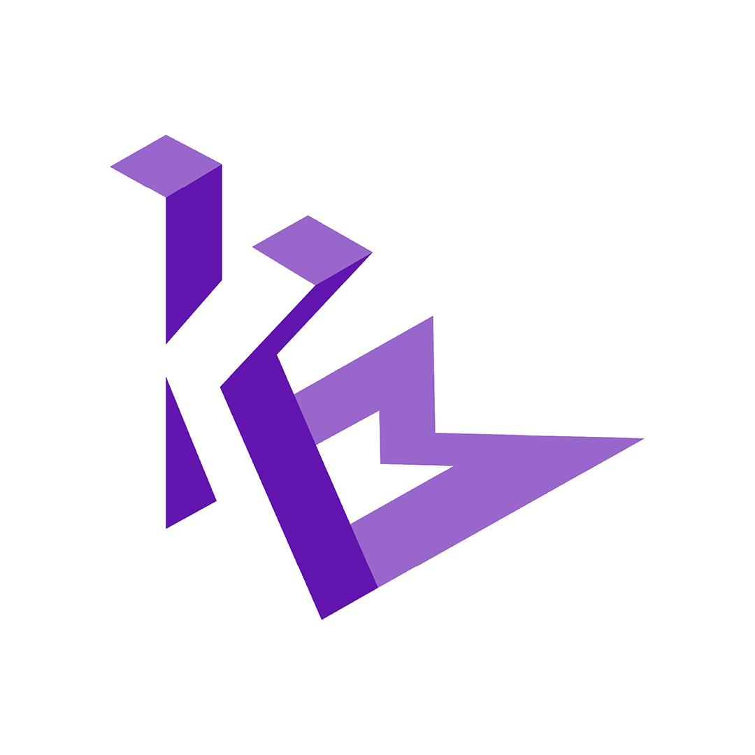 A logo in purple on a white background of the uppercase sans serif letter M. A lighter cast shadow of the M falls to the upper right corner of the square.