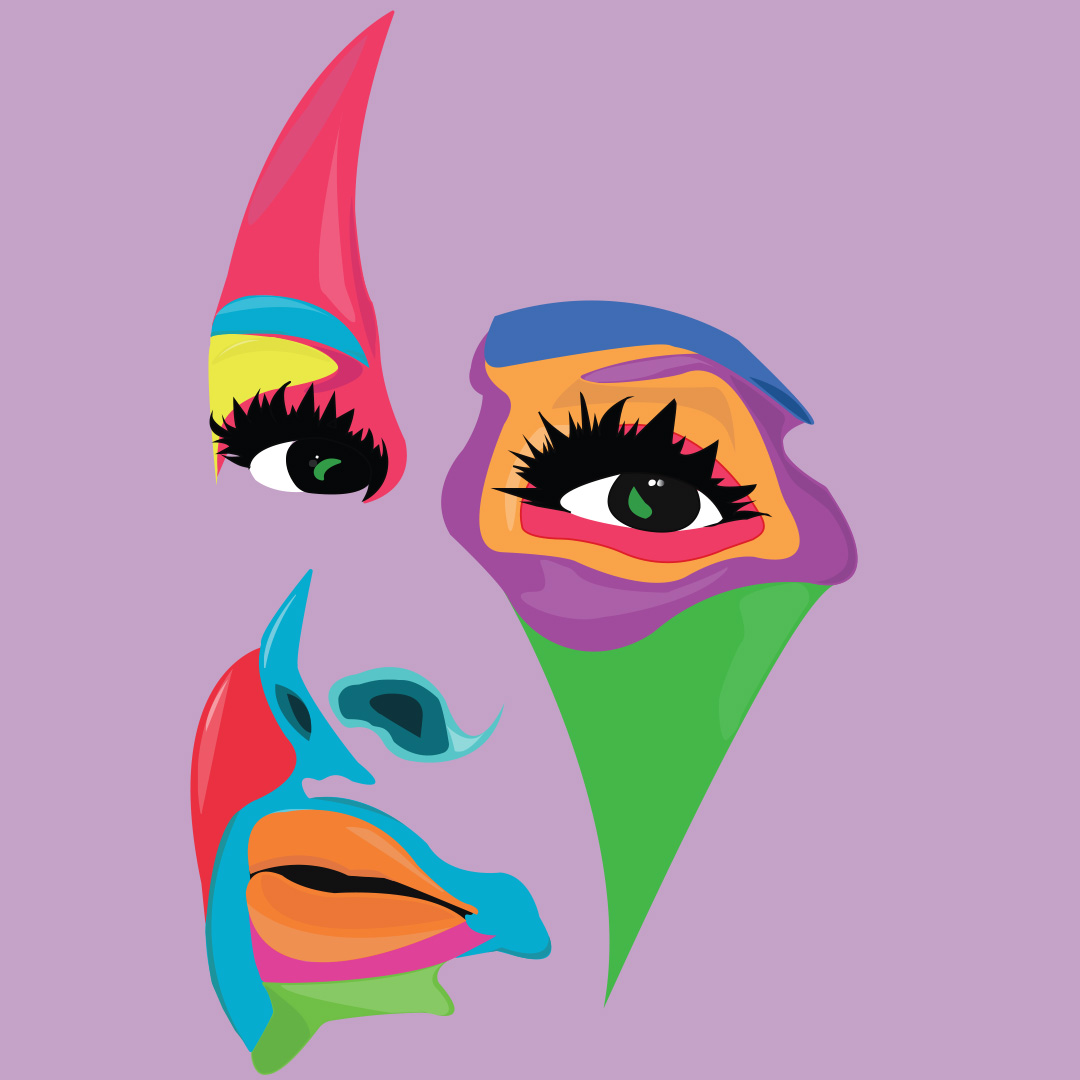A digital illustration of a face with eyes, nose and mouth visible only painted in bright strokes of colour in green, purple, orange, blue, yellow on a light purple background.
