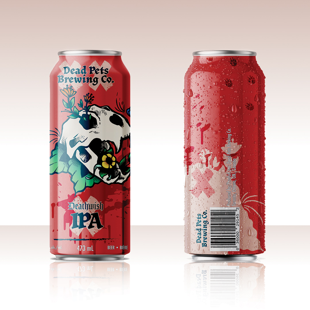 A photo of a beer can design (front and back) illustrating an animal skull on a pink background. The beer company is called "Dead Pets Brewing Co." "Deathwish IPA"