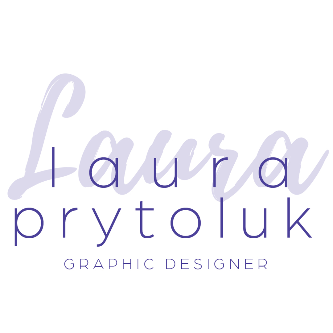 A white square with the artists name in sans serif purple type. Loosely spaced. Underneath reads "graphic designer" Behid the type in pale purple brush script reads "Laura"