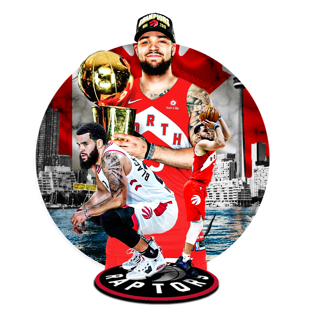 A collage image of three athletes of Afican American decent. One is holding a gold basketball trophy. Another is shooting into a hoop and another is squatting in a seated pposition. The background is also a collage of the Toronto waterfront.