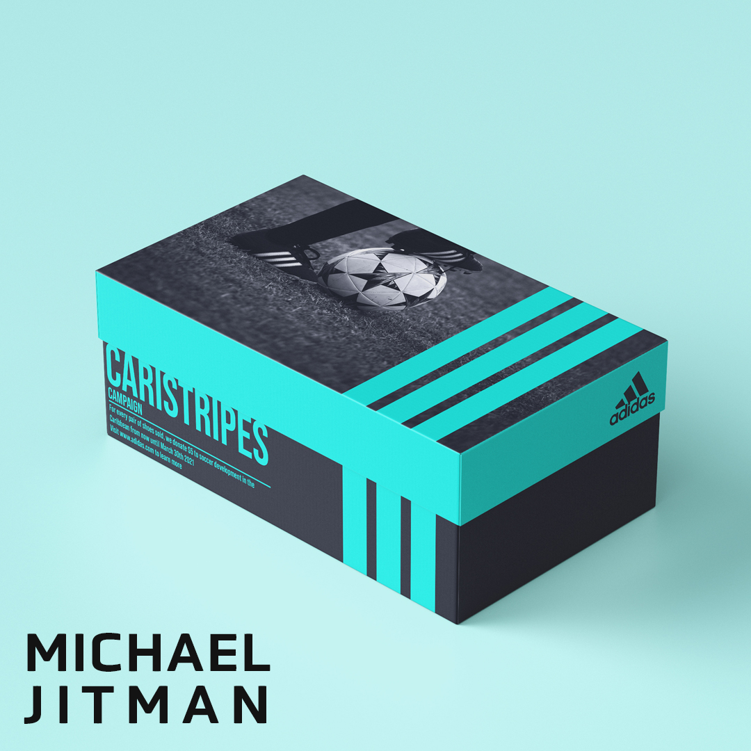 A photo of a black and teal shoe box with a Nike logo on the side. The top of the box lid has three turquoise strips and a black and white photo of a soccer player kicking the ball from the knee down. The text on the box reads "Care is Stripes Campaign"