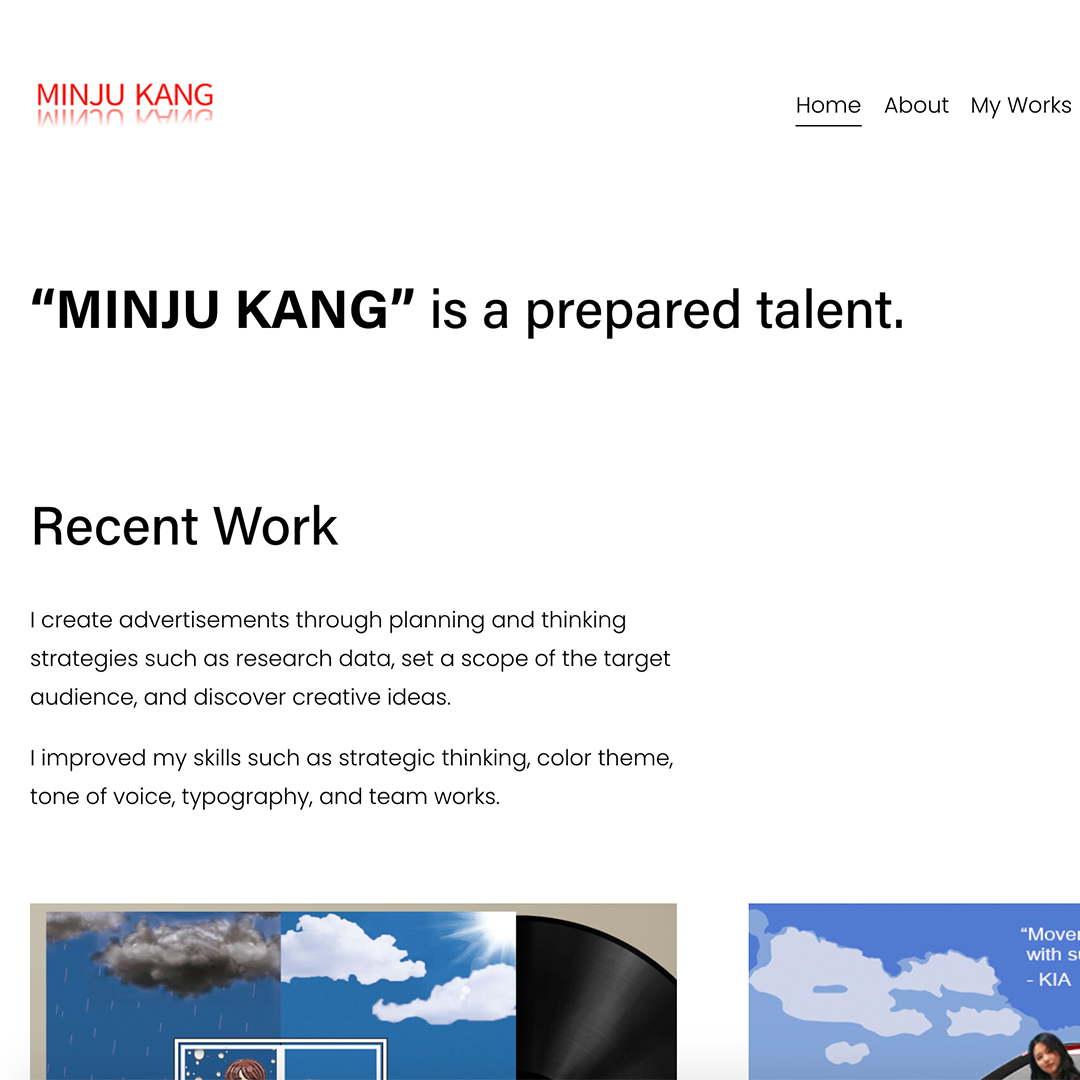 A website home page with a menu across the top and two images cropped off the bottom showing album cover design with blue sky and white type. The web page says "Minju Kang is a Prepared Talent."