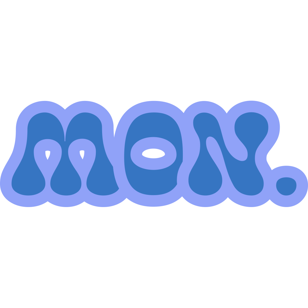A logo set in organic shaped letterforms that reads "mon." Letters aredark purple on the inside with a light purple border.