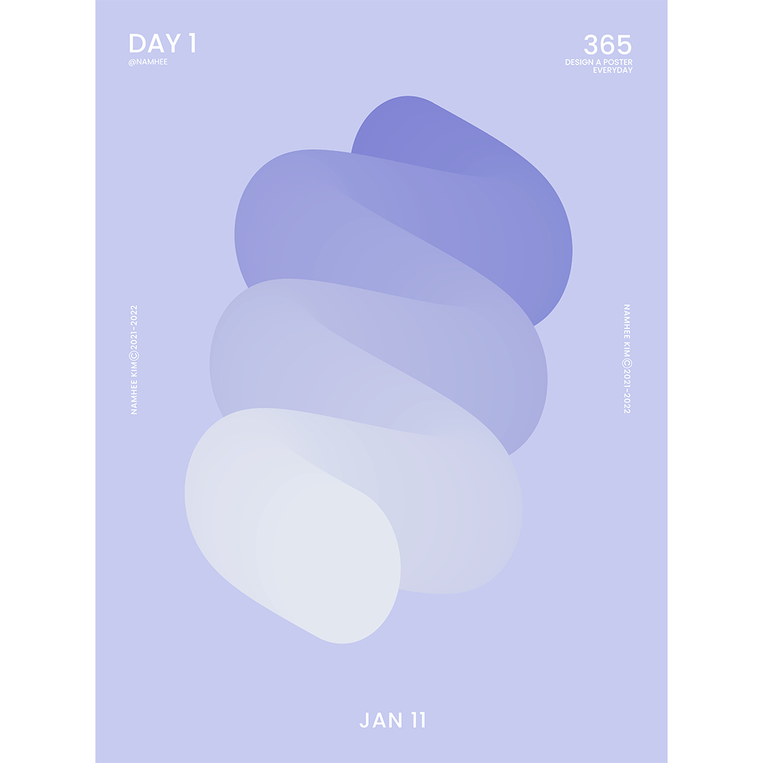 A poster consisting of a paintbush style smudge blending from purple to white on a pale purple backgound. There is type in all four corners in white showing The day of the year and the number 365 in the other corner.