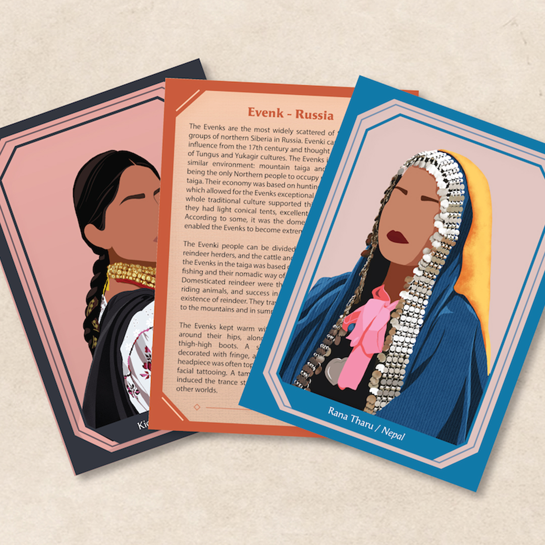 Three cards are placed on a plain background. Two are of illustrations of women in traditional constumes. Their faces are drawn with no eyes or nose. The middle card shows the reverse and describes in detail a place in Russia called Evenk.