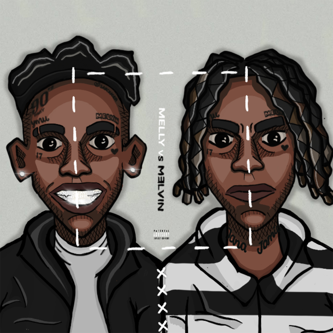 An illustration of two young African American males facing the viewer seen from shoulder up. The male on the left is smiling with white teeth that sparkle like his diamond earrings. On the right, the figure has long chin-length braids and does not smile. The text between the two figures runs vertically top down and says "Mellly vs Melvin." There is a a perforated line forming a square in white that intersects both faces at their noses.