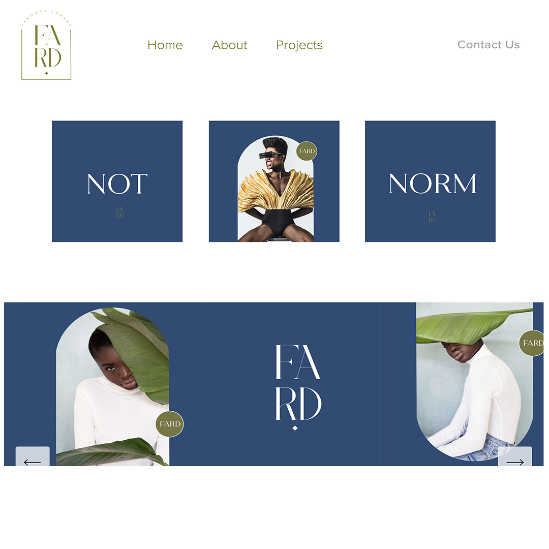 The designer's website in blue and white. The logo in green "FARD" in the upper left corner. Three blue squares in a row and one blue rectangle with images of the designer peering out from green leafs. Type on these squares are set in white and match the designer's white sweater in each photo.