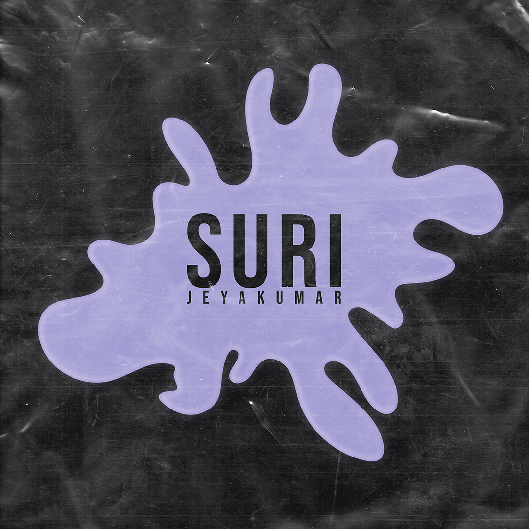 Purple paint splat on black backround with text "Siruthi Jeyakumar."