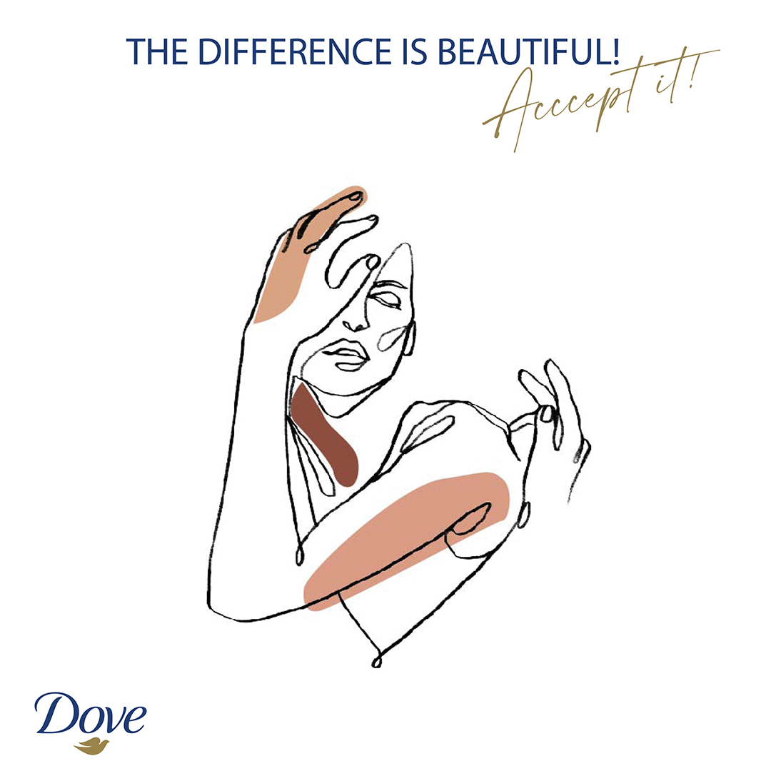 A Dove ad of a black line illustraion of a woman with her hand in front of her face. Some dark skin tones are brushed over her arm and shouler. Otherwise whe is all in outline. The text reads "The difference is beautiful. Accept it!"