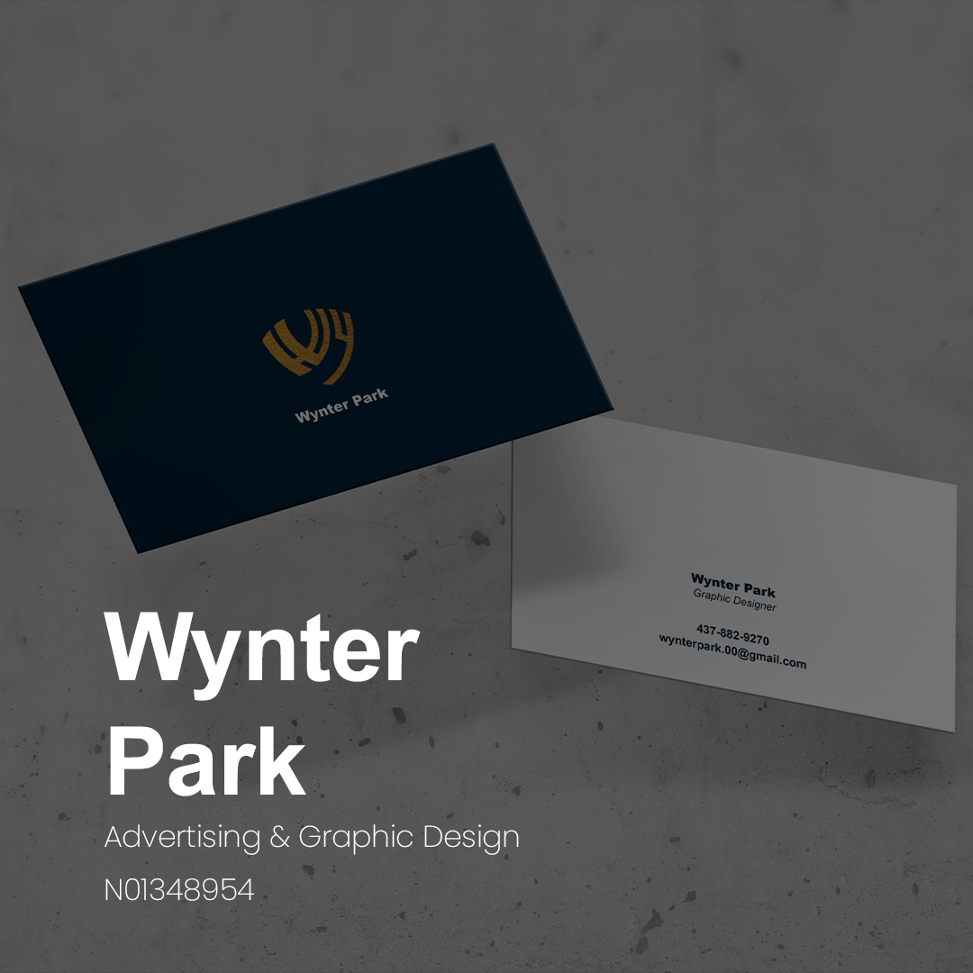 A black business card with a gold logo of a stylized W and P looking like wings. The other side of the card is shown grey with very small type "Wynter Park" "Graphic Designer."