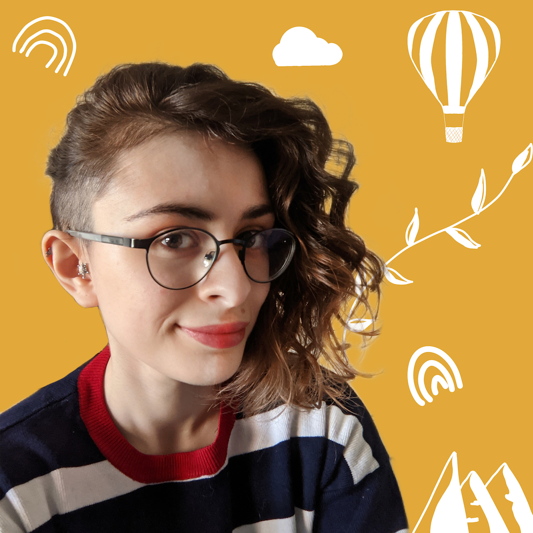 Female identifying person with glasses against a yellow background, surrounded by white doodles.