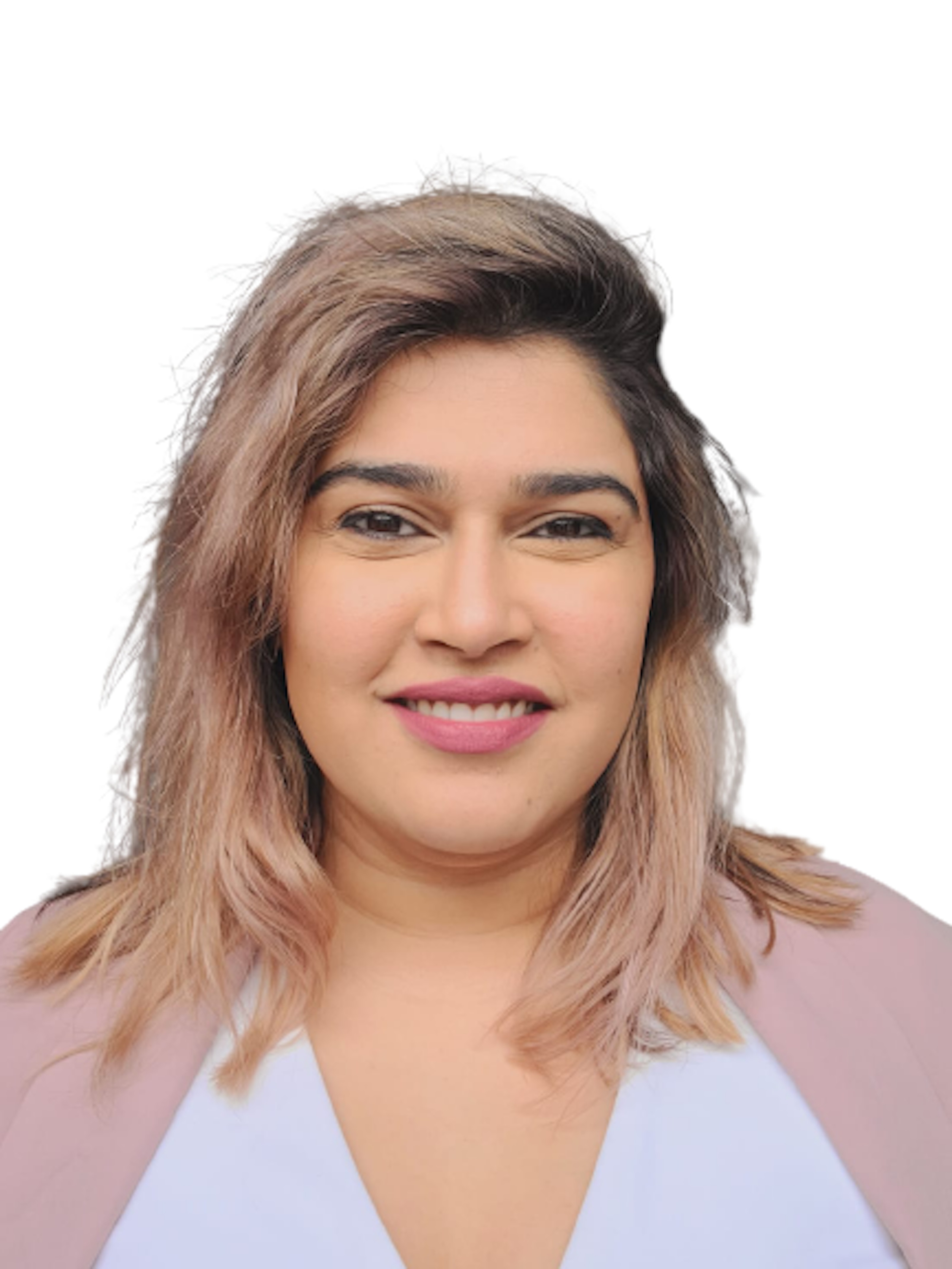 Picture of Jayde, smiling at the camera wearing a white blouse and a pink salmon blazer.