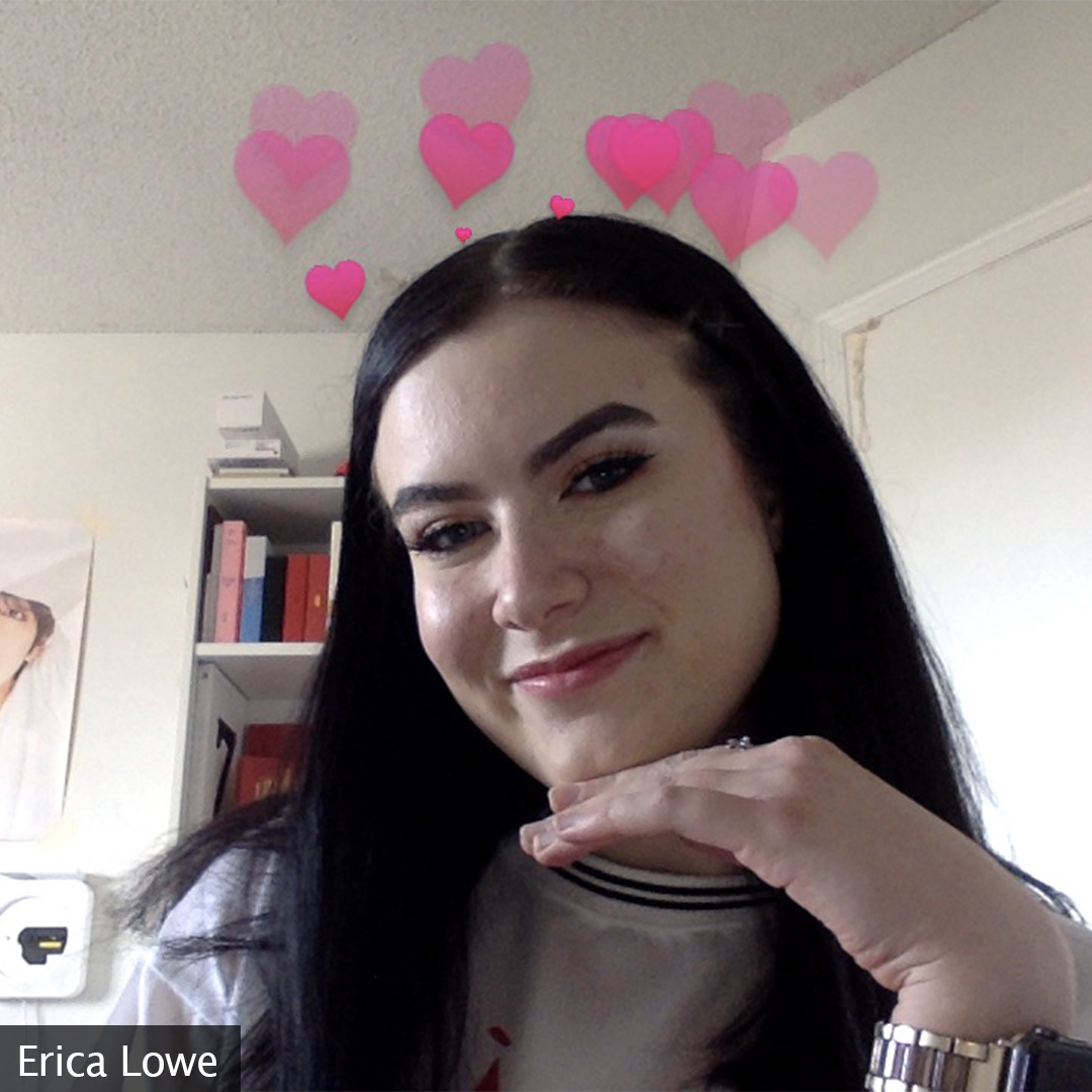 Grainy web-cam quality photo with hearts above the head of the horror author and narrator.