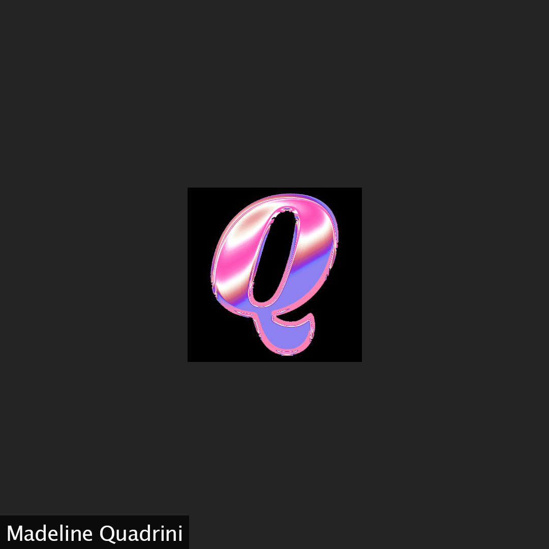 A pink chrome letter Q on a black background.