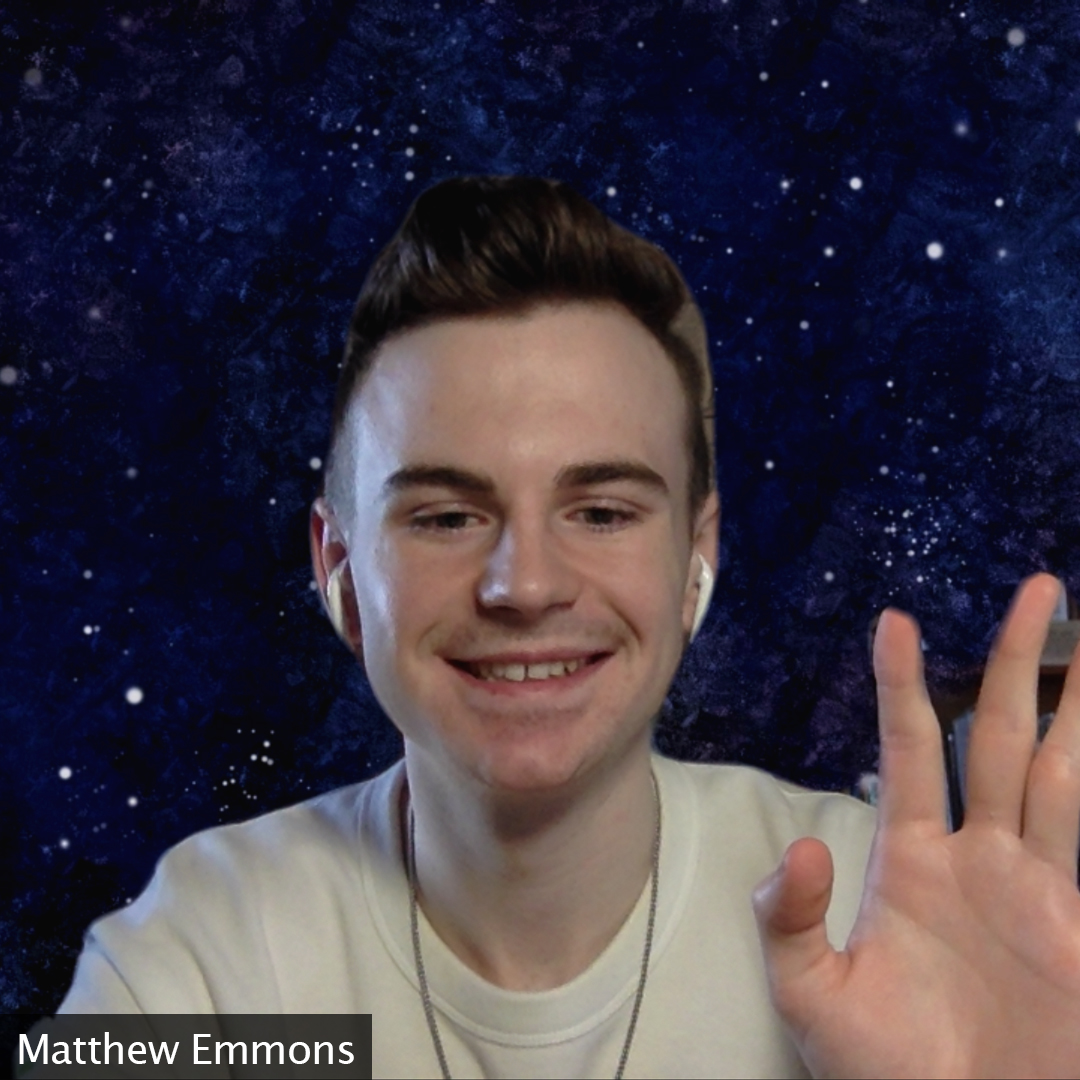 Matt is waving at the camera with a starry night sky as the background.