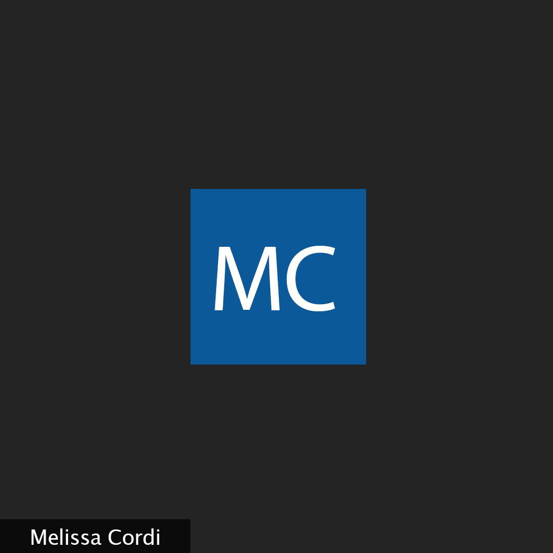 A black backround with the initials "MC" in a blue square and the name Melissa Cordi in the corner