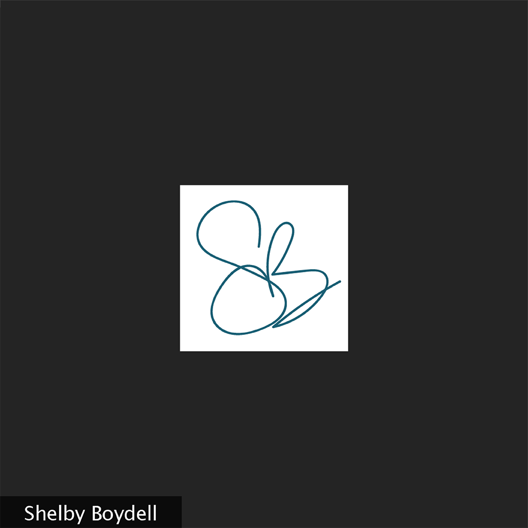 A black square with an image of a white square box with hand lettering spelling "SB" on it, in a turquoise blue colour.