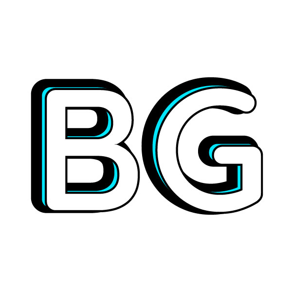 Bijaya Gautam logo. White B and G letters with an offset blue and black outline.