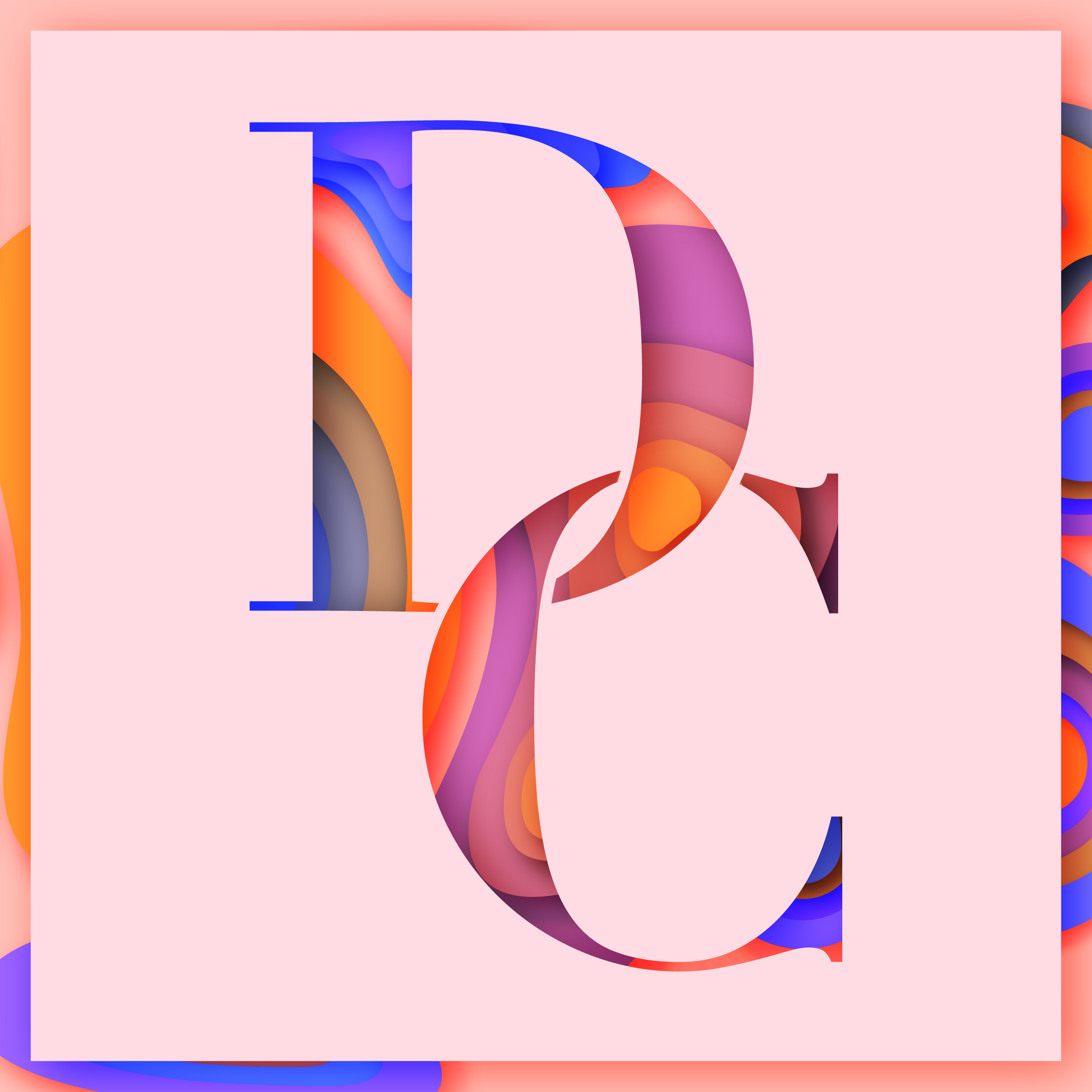 Despina Chaskari logo. D and C letters on a multi-colored papercut background.