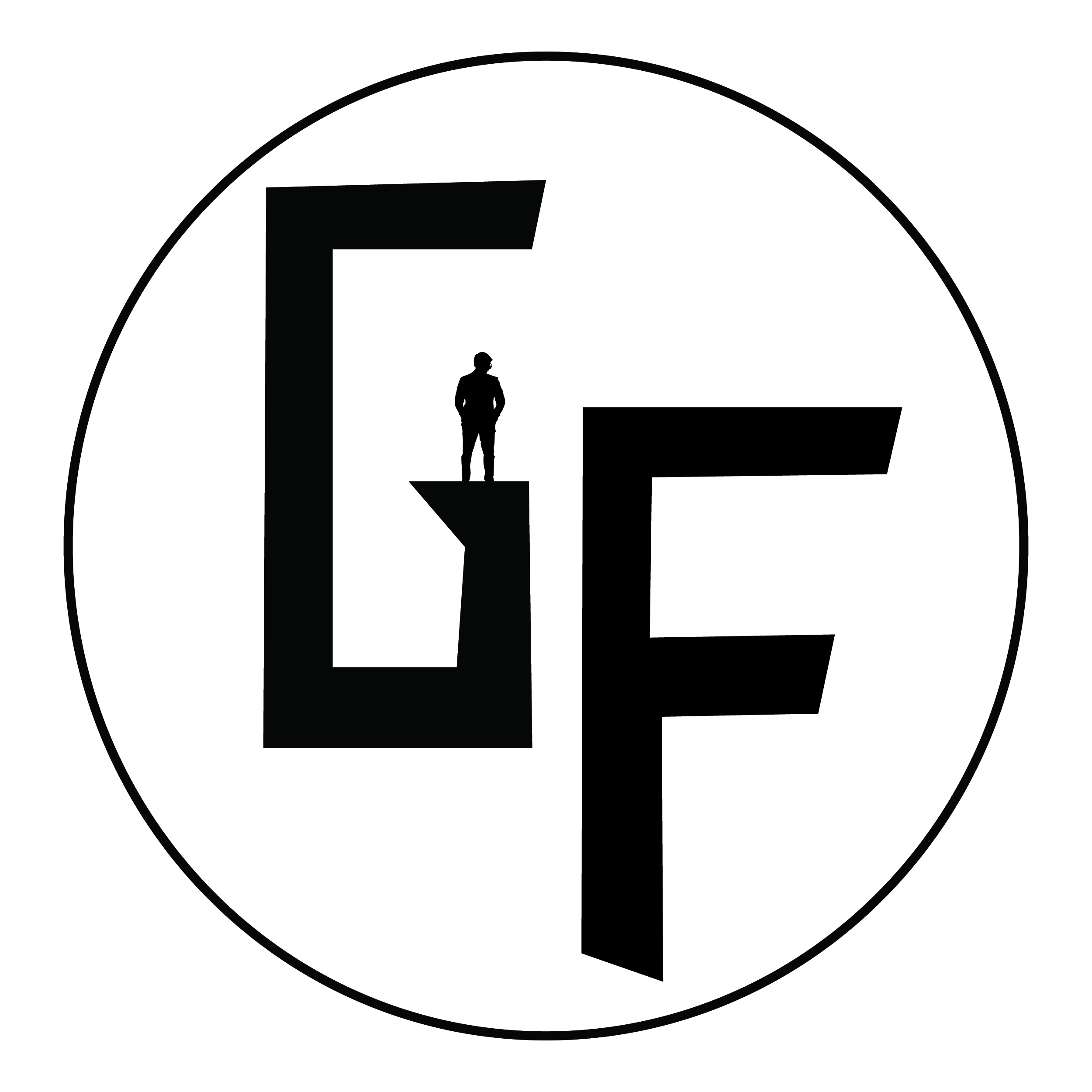 Giovanni Fortini logo. Black G and F letters in a circle with a human silhouette.