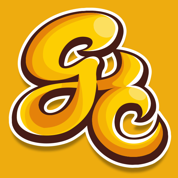 Gypsy Ecarma logo. Funky, retro styled G and E letters on an orange background.