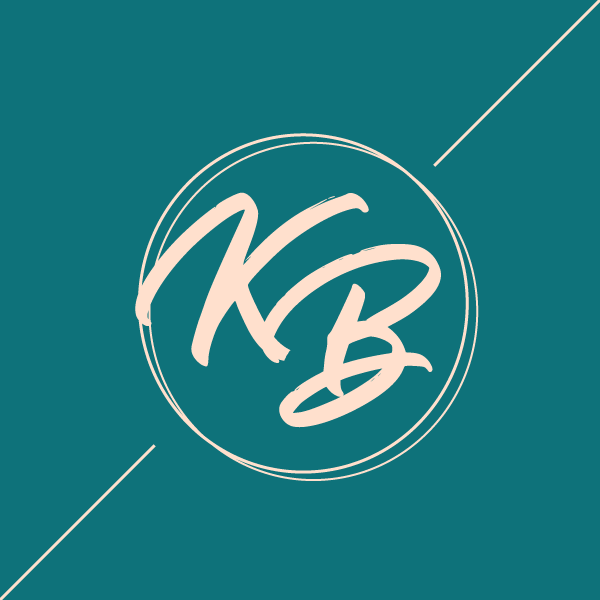 Karen Bulhosen logo. Handwritten K and B in a circle on a teal background.