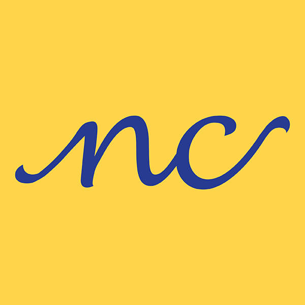 Neeraj Chopra logo. Blue cursive lower case N and C letters on a yellow background.