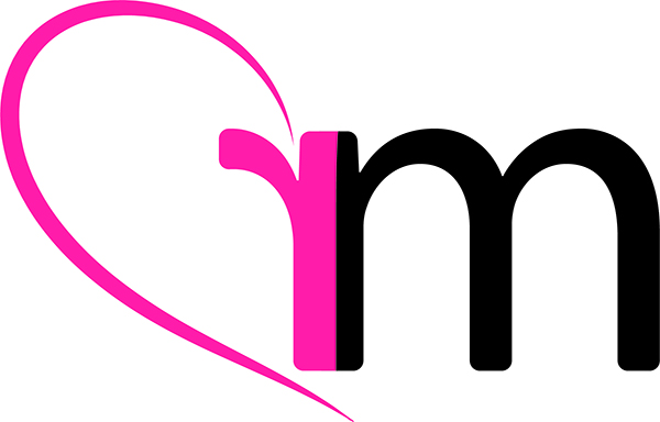 Raissa Maniezzo logo. Pink reversed letter R and Black M in a half heart shape.