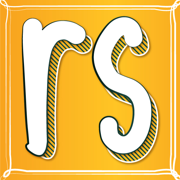 Rashmeet Saggu logo. White R and S with hand rendered shadows on a yellow background.