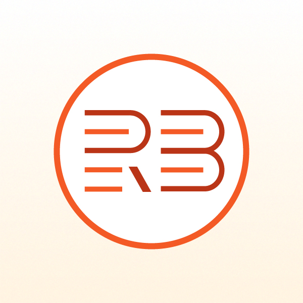 Rita Bustamante logo. Orange and red R and B inside a circle on a white background.