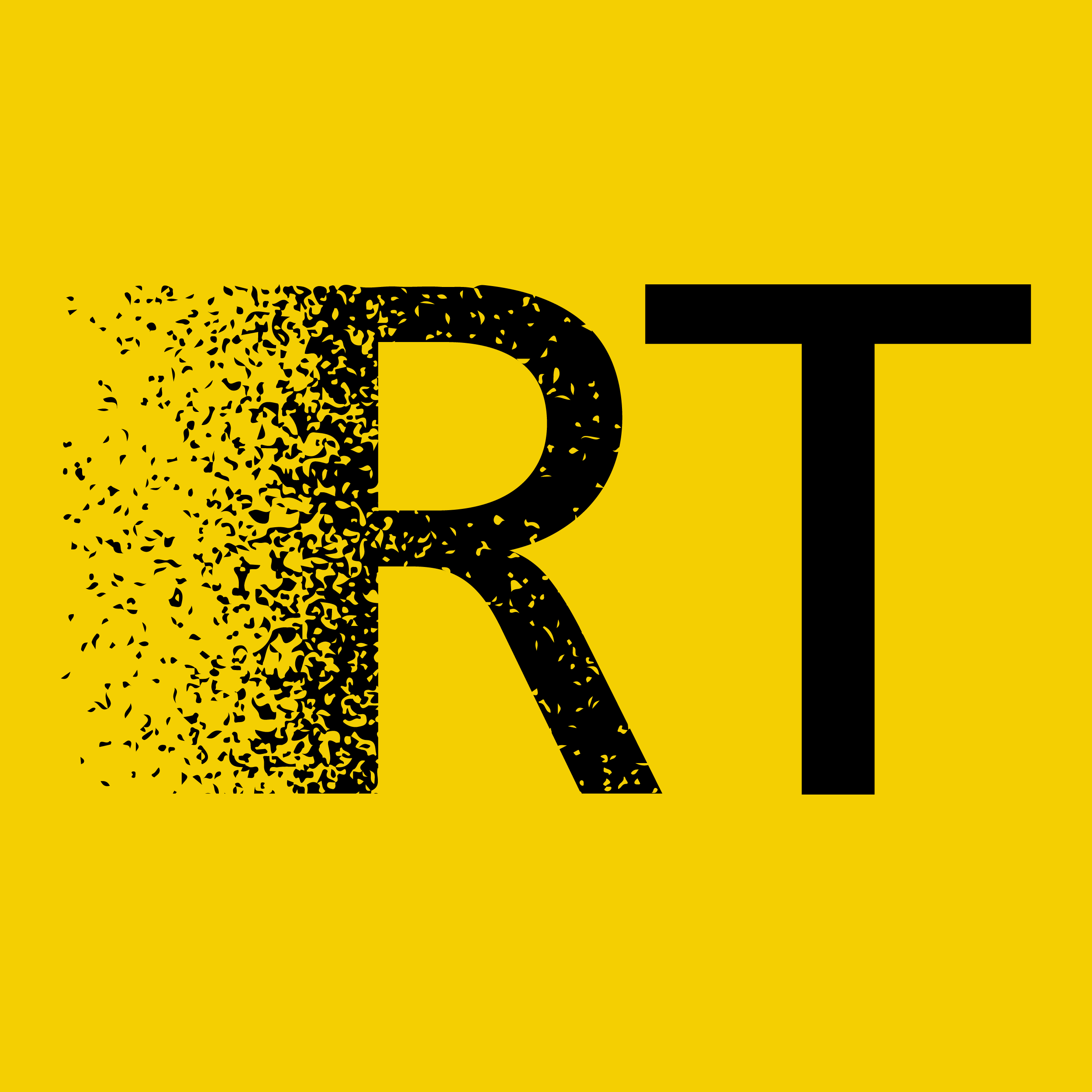Ryan Tepper logo. Black R and T letters on a yellow background