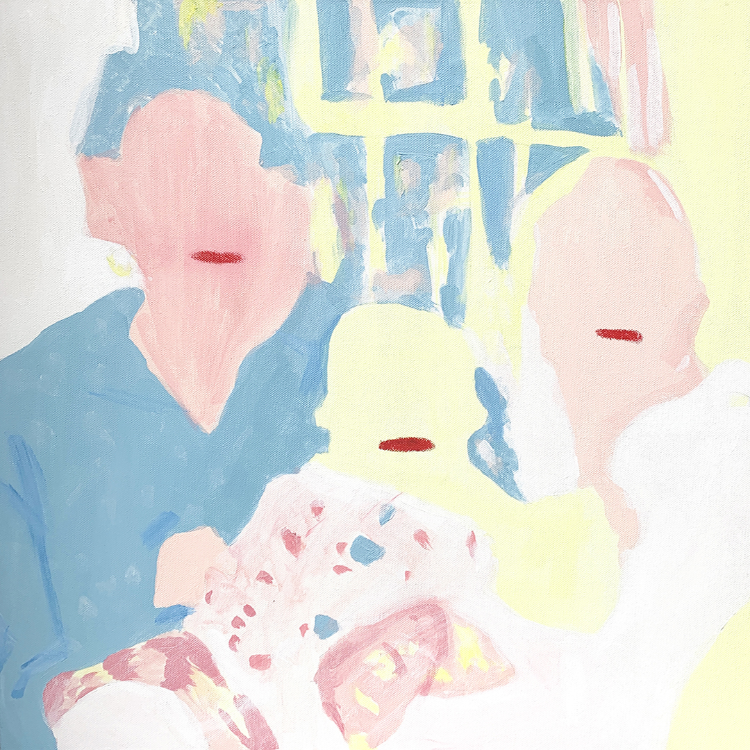 A mixed media artwork of a square orientation. There are 3 abstract representations of human figures. From left to right: an adult, a baby, and another adult. The figures are rendered in pastel yellow, pastel blue, and pastel pink acrylic paint, and do not have facial features other than a deep red line of oil pastel in the position of lips.