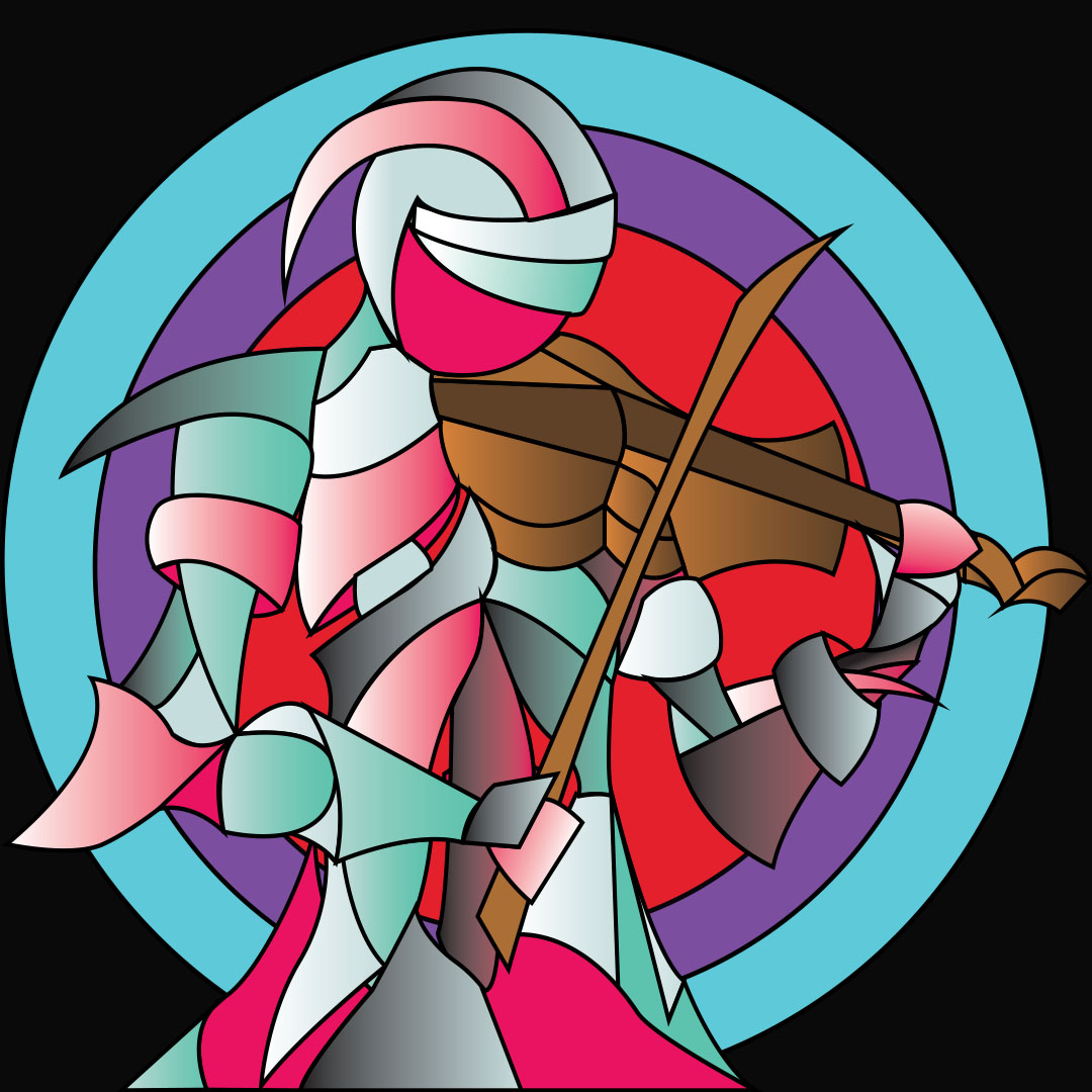 This art piece is an oil painting on canvas that showcases a figure made of curved and pointed shapes. The shapes that make up the main character are made up of gradients at different angles, creating three-dimensional forms. The main character is depicted playing an instrument on its shoulder. The background has three circles, one red, one purple, and one blue, which frames the main character.